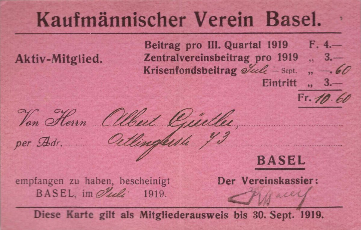 Bild: Mitgliederausweis Kaufmännischer Verein Basel (1919)
